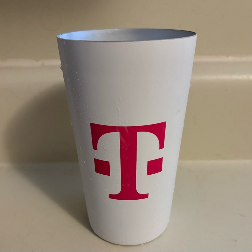 T-Mobile White Reusable Aluminum Tumbler with Color Change Pink Logo, new